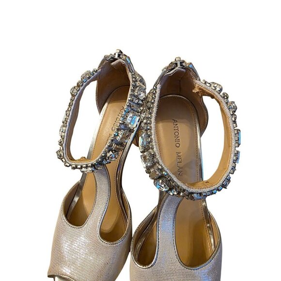 Antonio Melani Silver Glitter Rhinestone T-Strap Heels With Zipper Back Closure - Picture 11 of 16